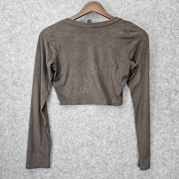 Long Sleeve Crop Top Womens Small Olive Green Stretch Y2K Grunge Baddie JnK USA - Picture 2 of 9
